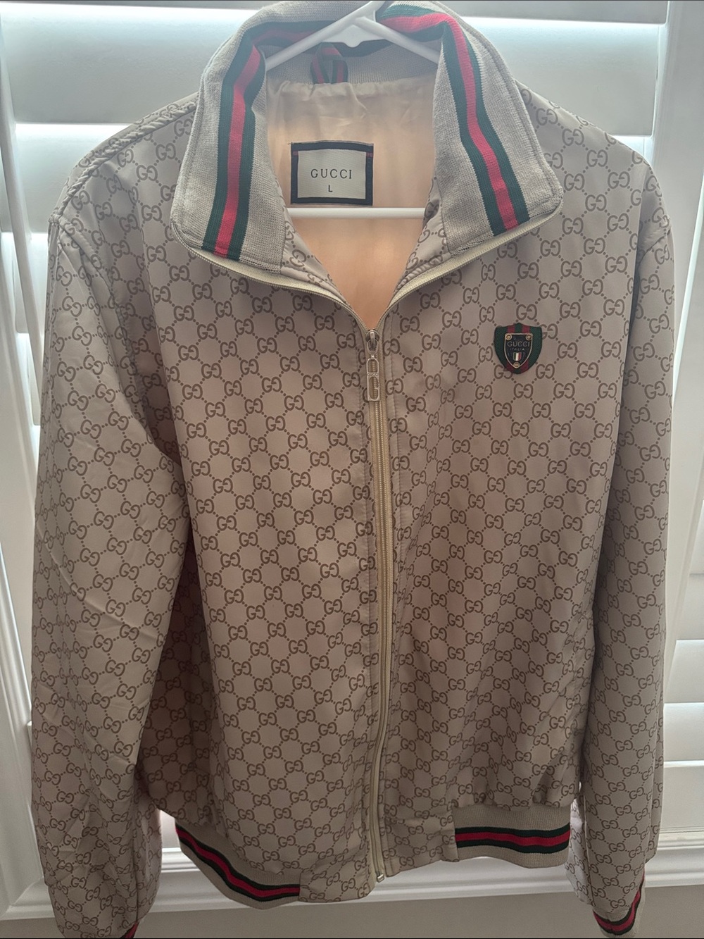 Gucci Beige GG Monogram Zip Track Jacket with Red and Green Trim